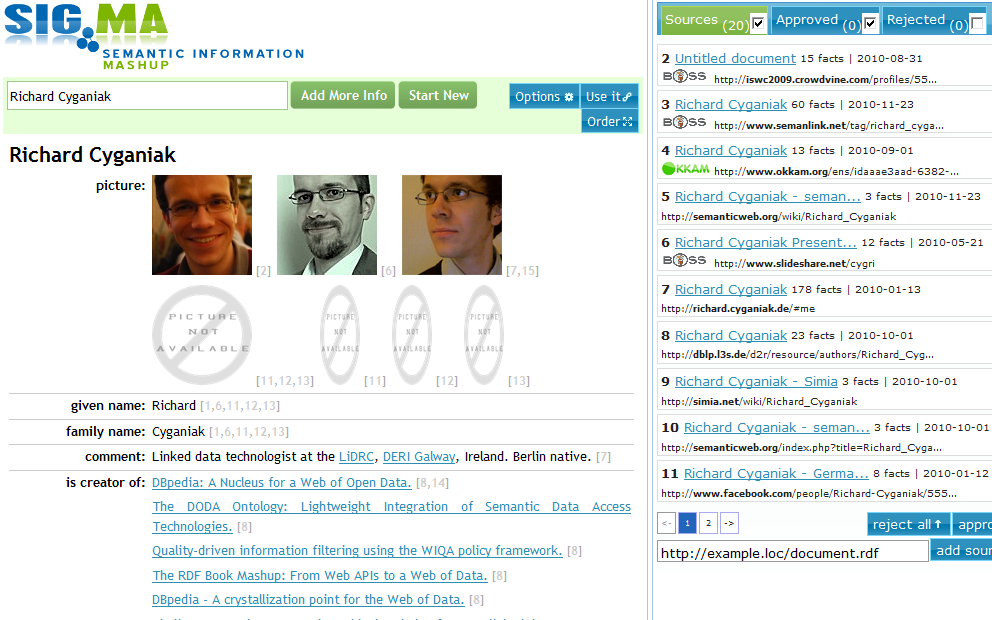 Figure 6.2: Sig.ma Linked Data search engine displaying data about Richard Cyganiak.